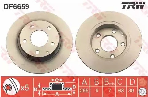 Диск тормозной задний Mazda 3 TRW DF 6659, D=265 мм