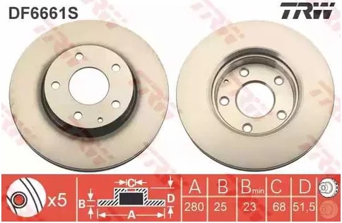 Диск тормозной передний Mazda 3, CX-3 TRW DF 6661S, D=280 мм