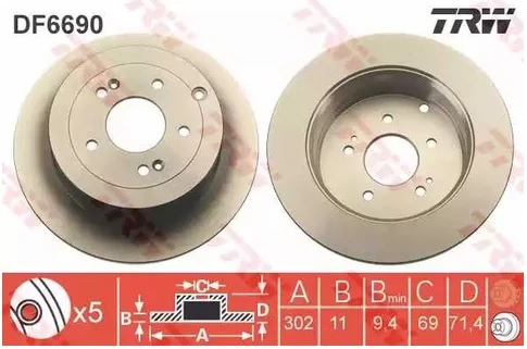 Диск тормозной задний Hyundai Santa Fe TRW DF 6690, D=302 мм