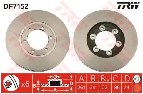 Диск тормозной передний KIA BONGO TRW DF 7152, D=261 мм