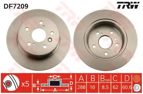 Диск тормозной задний Lexus RX, Toyota Harrier, Highlander TRW DF 7209, D=288 мм