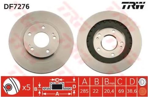 Диск тормозной передний Mitsubishi Pajero Pinin TRW DF 7276, D=285 мм