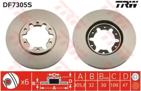 Диск тормозной передний Nissan Patrol TRW DF 7305S, D=306 мм