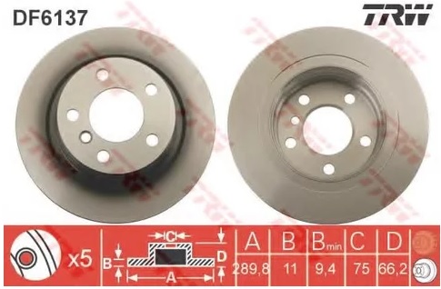 Диск тормозной задний BMW 1, 2 TRW DF 6137, D=290 мм