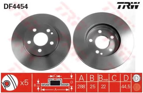 Диск тормозной передний MERCEDES A-CLASS, B-CLASS TRW DF 4454, D=288 мм