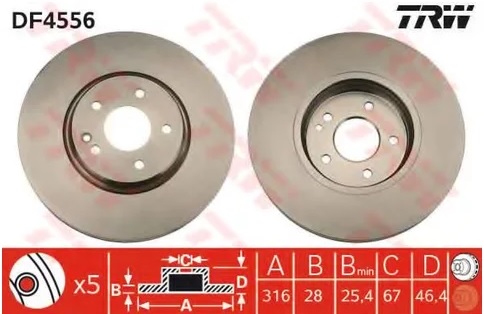 Диск тормозной передний  MERCEDES C-CLASS, CLK TRW DF 4556, D=316 мм