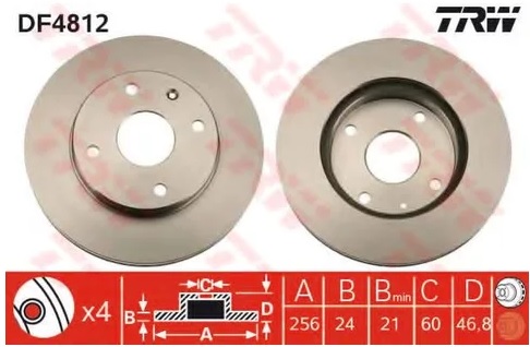 Диск тормозной передний CHEVROLET LACETTI, EPICA, REZZO TRW DF 4812, D=256 мм