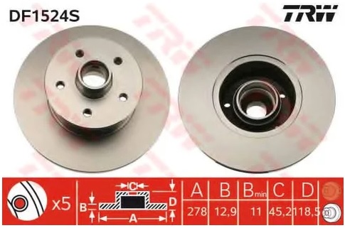 Тормозной диск передний VW Transporter TRW DF 1524S, D=278 мм