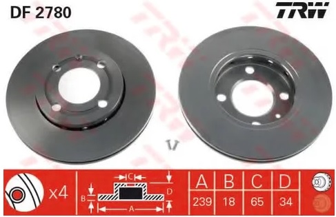 Тормозной диск передний SEAT Arosa, VW Gol, Lupo, Polo TRW DF 2780, D=239 мм