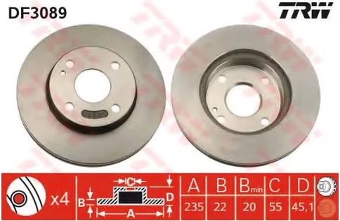 Тормозной диск передний Mazda 1300, 323, Demio TRW DF 3089, D=235 мм