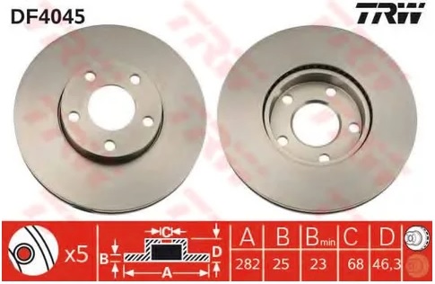 Тормозной диск передний VW Passat TRW DF 4045, D=282 мм