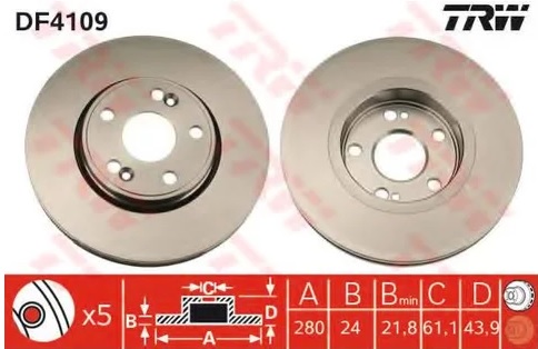 Тормозной диск передний Renault Scenic TRW DF 4109, D=280 мм