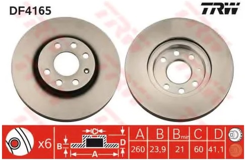 Тормозной диск передний Opel Combo, Corsa, Meriva, Tigra TRW DF 4165, D=260 мм