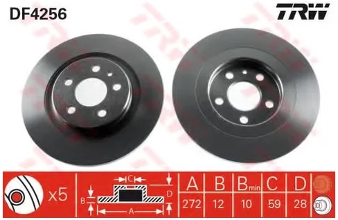 Тормозной диск задний Citroen C8, Fiat Ulysse, Peugeot 807 TRW DF 4256, D=272 мм