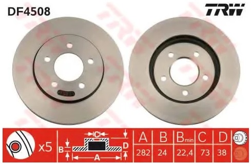 Тормозной диск передний Chrysler Voyager, Dodge Caravan TRW DF 4508, D=282 мм