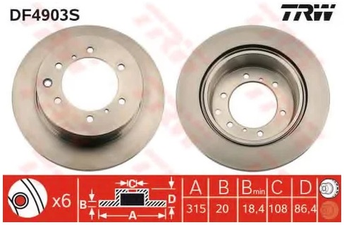 Тормозной диск задний Hyundai Terracan TRW DF 4903S, D=315 мм