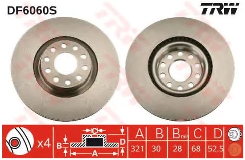 Тормозной диск передний Audi A6 TRW DF 6060S, D=321 мм