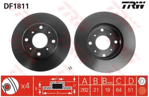 Диск тормозной передний MG MGR V8, ROVER 800 TRW DF 1811, D=262 мм