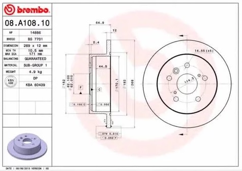 Диск тормозной задний TOYOTA CAMRY Brembo 08.A108.10, D=269 мм