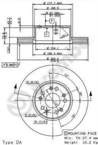 Диск тормозной передний Mercedes S-CLASS Brembo 09.8726.10, D=320 мм