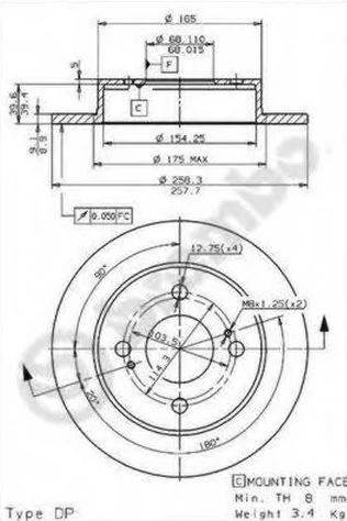 Диск тормозной задний Infiniti G, Nissan Primera Brembo 08.5443.60, D=258 мм