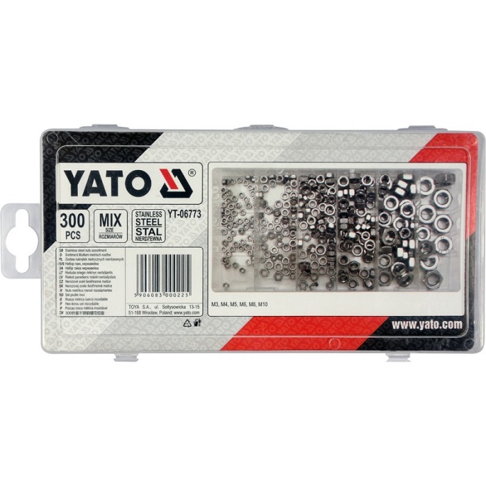 Набор гаек YATO YT06773 (300 пр, M3, 4, 5, 6, 8, 10, нержавеющая сталь)