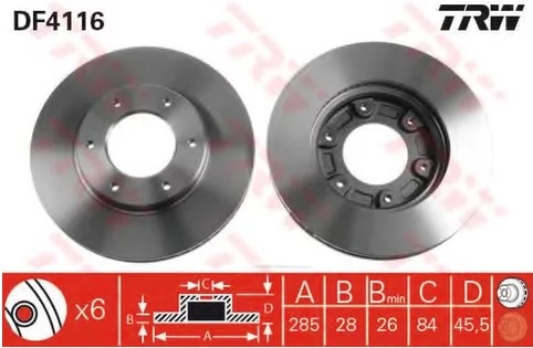 Диск тормозной передний Toyota HiAce TRW DF 4116, D=285 мм