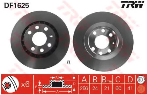 Диск тормозной передний Chevrolet Lanos TRW DF 1625, D=256 мм