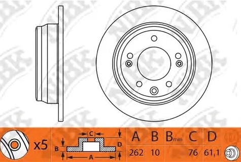 Диск тормозной задний KIA CEED, PRO CEED NiBK RN1307, D=262 мм