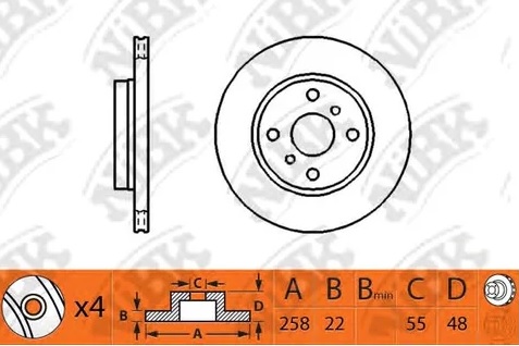 Диск тормозной передний TOYOTA COROLLA NiBK RN1245, D=258 мм