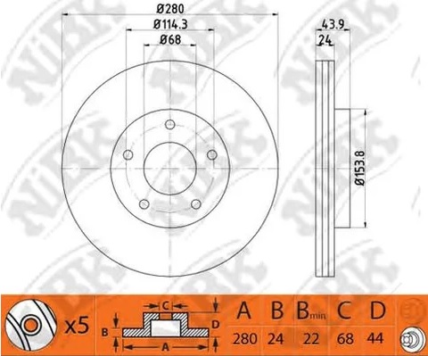 Диск тормозной передний NISSAN JUKE NiBK RN1426, D=280 мм