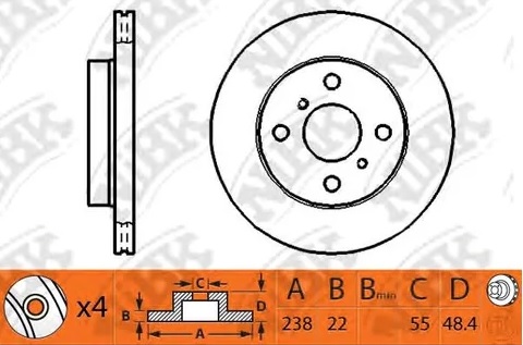 Диск тормозной передний Toyota Corolla Nibk RN1250, D=238 мм