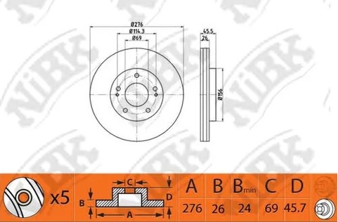 Диск тормозной передний MITSUBISHI LANCER Nibk RN1365, D=276 мм