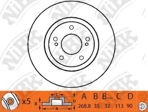 Диск тормозной передний NISSAN Atlas Nibk RN1359, D=268.8 мм