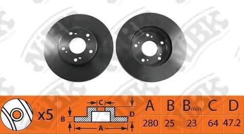 Диск тормозной передний Honda Accord, Civic Nibk RN1405, D=280 мм