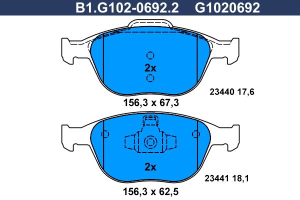 Колодки тормозные дисковые передние FORD Fiesta, Focus, Tourneo Galfer B1.G102-0692.2   