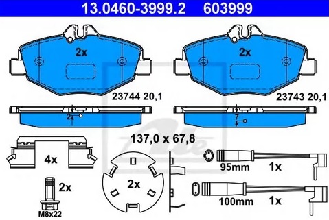 Колодки тормозные дисковые MERCEDES E-CLASS Ate 13.0460-3999.2