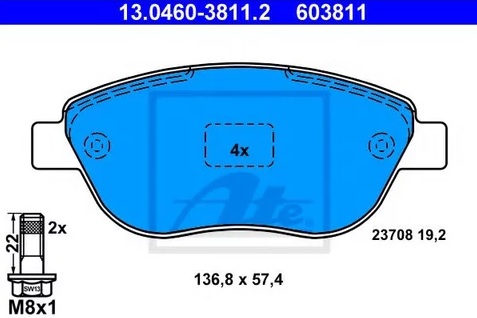 Колодки тормозные дисковые PEUGEOT 206, 207, 307, CTIROEN C3, C4, XSARA Ate 13.0460-3811.2