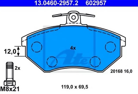 Колодки тормозные дисковые VW GOLF, PASSAT Ate 13.0460-2957.2