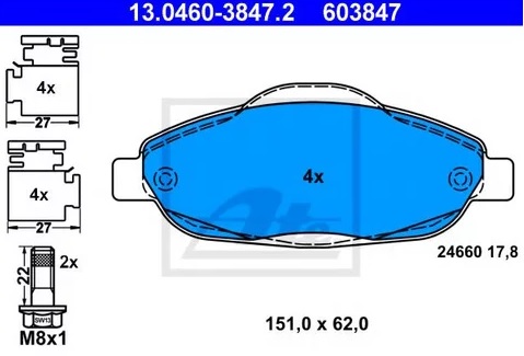 Колодки тормозные дисковые PEUGEOT 308, 3008 Ate 13.0460-3847.2