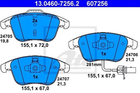 Колодки тормозные дисковые AUDI A4, A5 Ate 13.0460-7256.2 