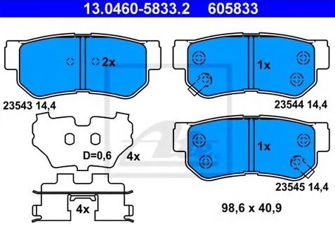 Колодки тормозные дисковые задние HYUNDAI Elantra, KIA Magentis Ate 13.0460-5833.2