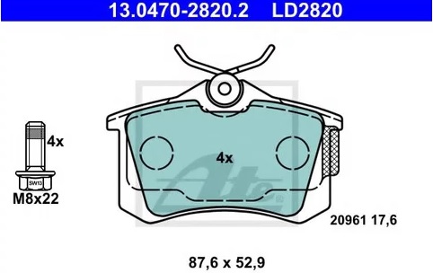 Колодки тормозные дисковые задние Citroen, Peugeot, Skoda Ate 13.0470-2820.2