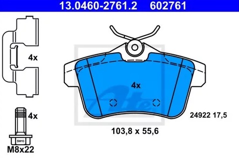 Колодки тормозные дисковые задние CITROEN C4, PEUGEOT 3008, 5008 Ate 13.0460-2761.2