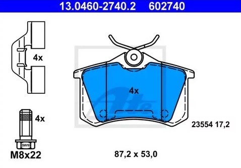 Колодки тормозные дисковые задние CITROEN C3, C4, PEUGEOT 2008, 207, RENAULT Megane, Scenic Ate 13.0460-2740.2 