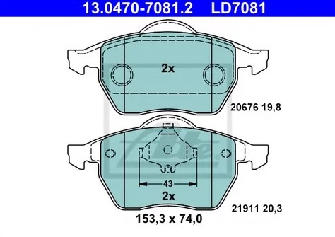 Колодки тормозные дисковые передние AUDI A3, VW GOLF, PASSAT, BORA, SKODA OCTAVIA Ate 13.0470-7081.2