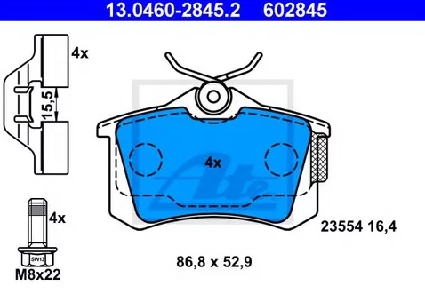 Колодки тормозные дисковые задние RENAULT Megane, Scenic Ate 13.0460-2845.2 