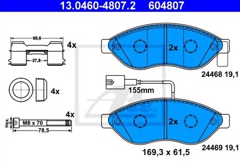 Колодки тормозные дисковые передние CITROEN Jumper, FIAT Ducato, PEUGEOT Boxer Ate 13.0460-4807.2