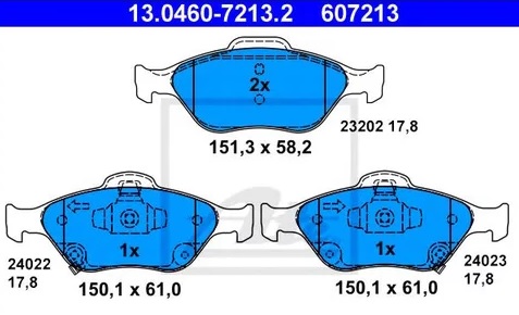 Колодки тормозные дисковые передние DAIHATSU Charade, TOYOTA Yaris Ate 13.0460-7213.2