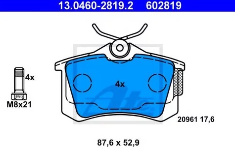 Колодки тормозные дисковые задние CITROEN, FIAT, FORD, PEUGEOT, SEAT, VOLKSWAGEN Ate 13.0460-2819.2